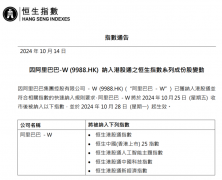 阿里巴巴将于 10 月 28 日起被纳入恒生港股通指数